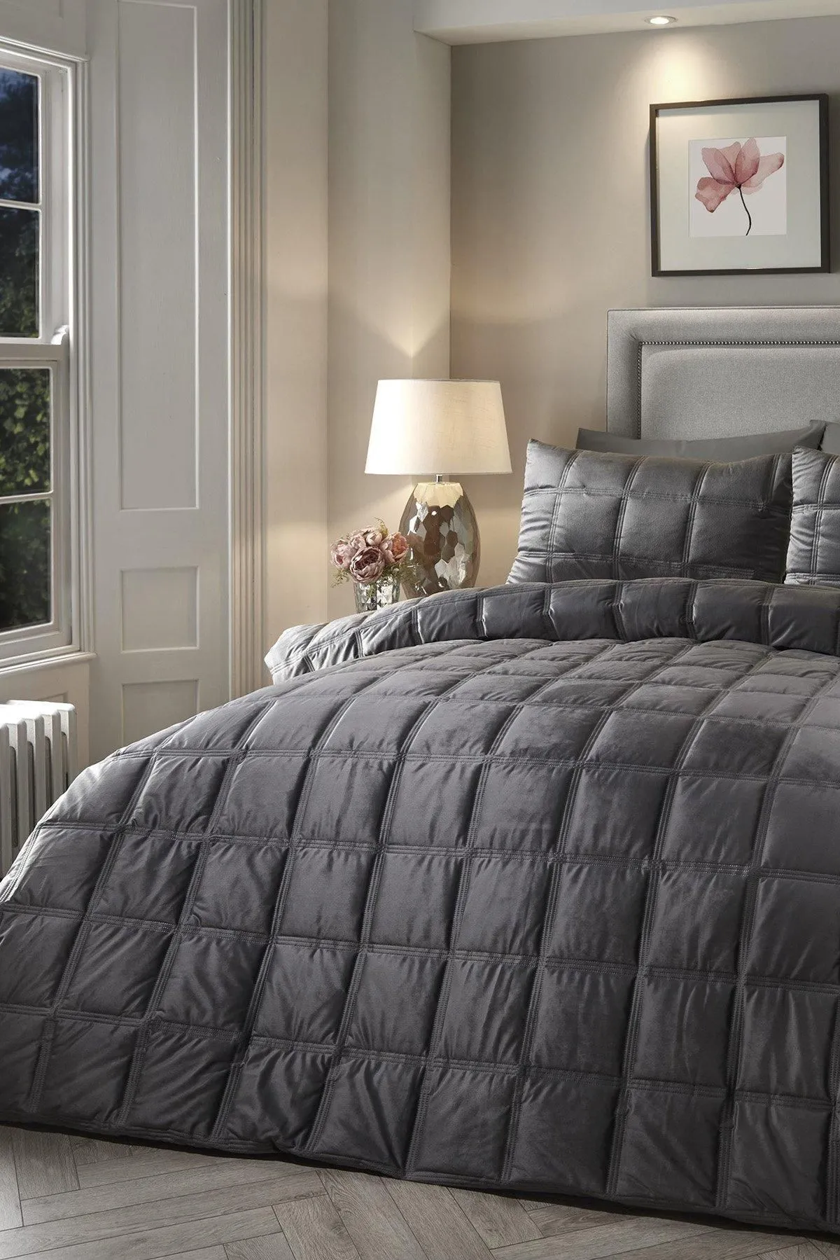 Soiree 'Brighton Square' Soft Velvet Box Stitched Duvet Cover Set in Dark Grey