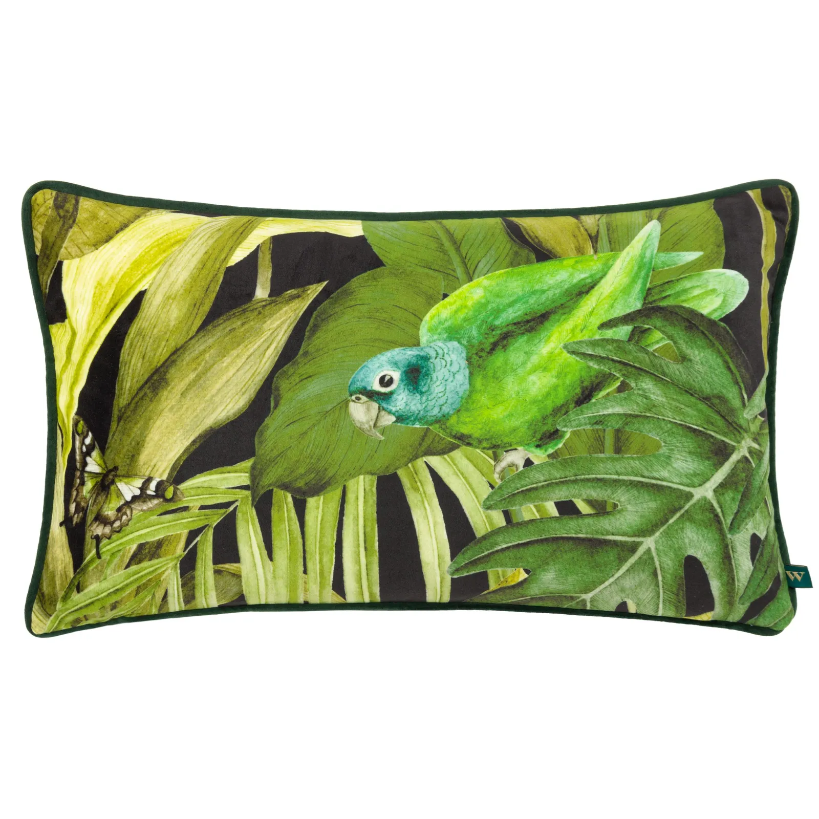 Wylder Tropics Psitta Bird Velvet Piped Cushion in Black