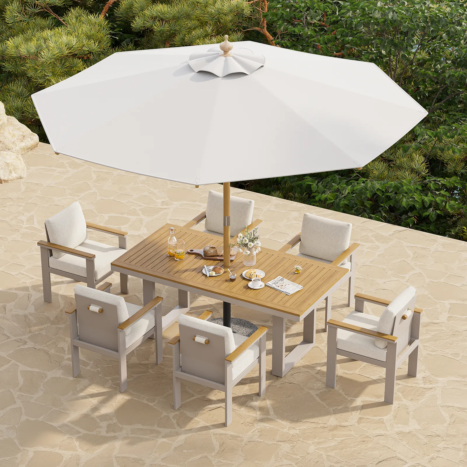 Tevara 8-Piece Rectangular Wood & Aluminium Outdoor Dining Set with Pillar Umbrella