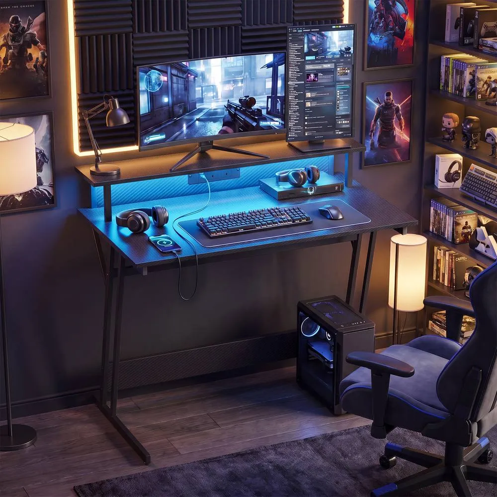 HOMCOM LED Gaming Desk with Power Outlets & Monitor Stand 100 x 60cm Black 2