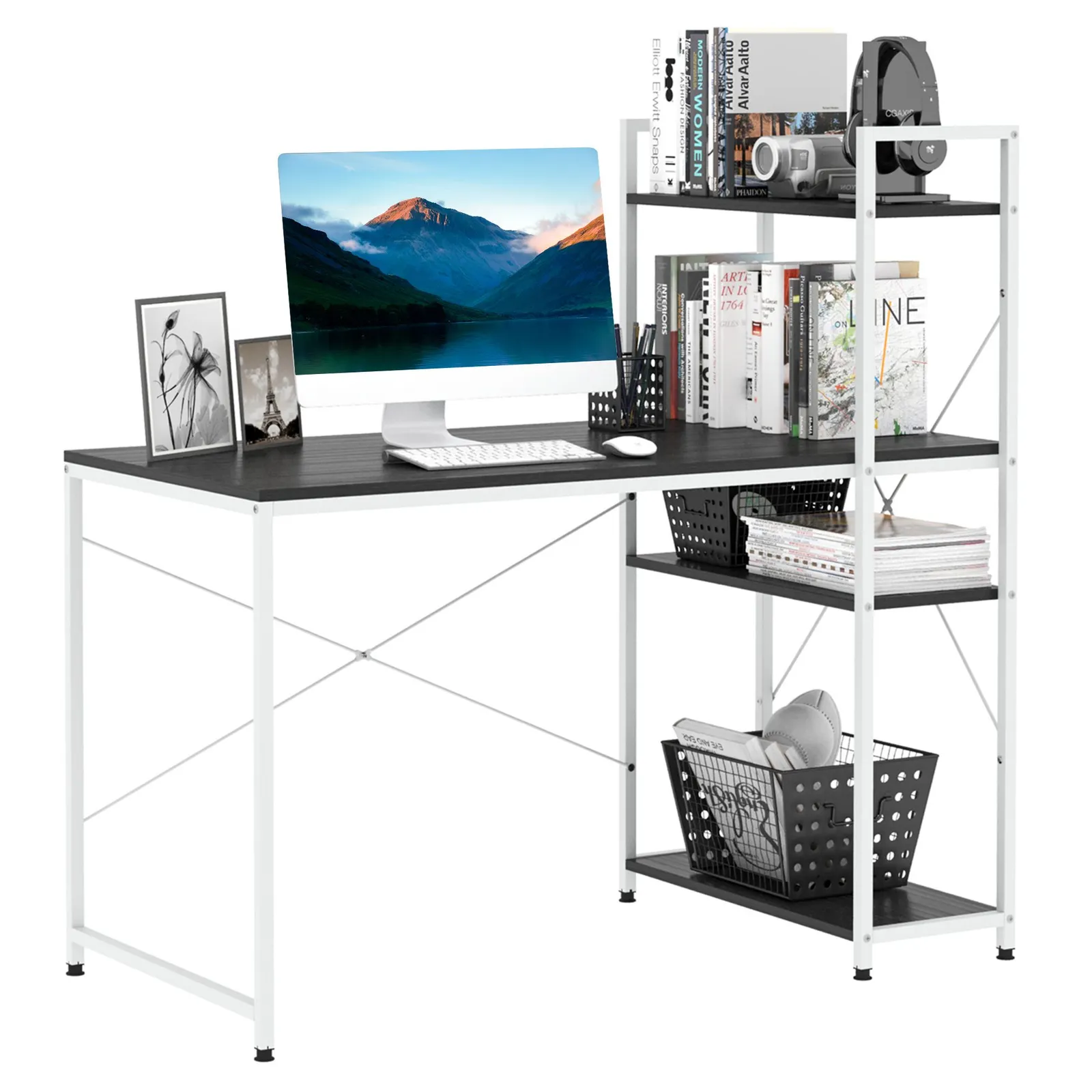 HOMCOM Computer Desk Laptop Table w/4-tier Bookshelf Metal Frame in Black 2