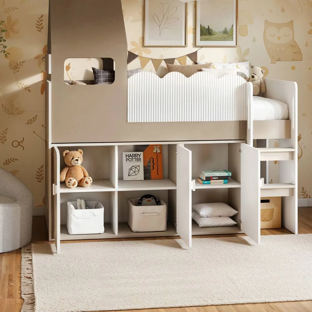 Flair Calista Ribbed House Mid Sleeper Bed with Storage White & Taupe 3