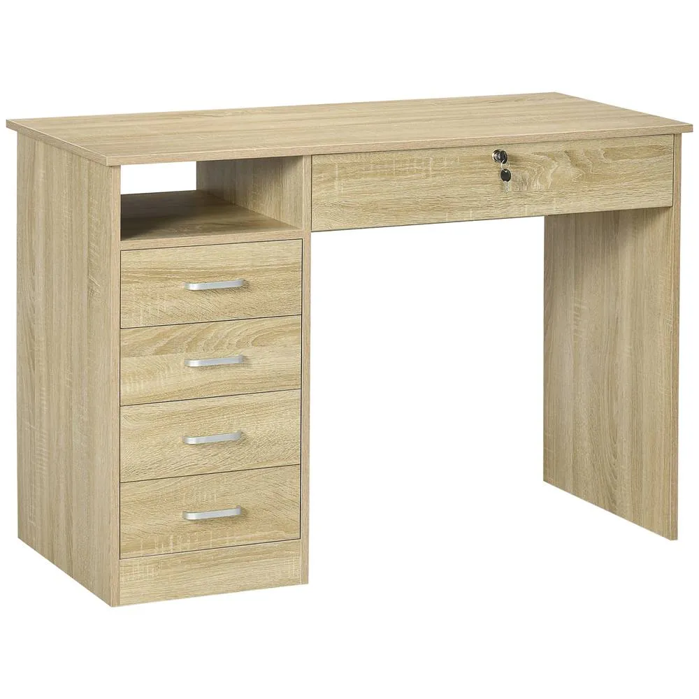 HOMCOM Computer Desk Writing Desk with Five Drawers for Home Office Oak in Brown