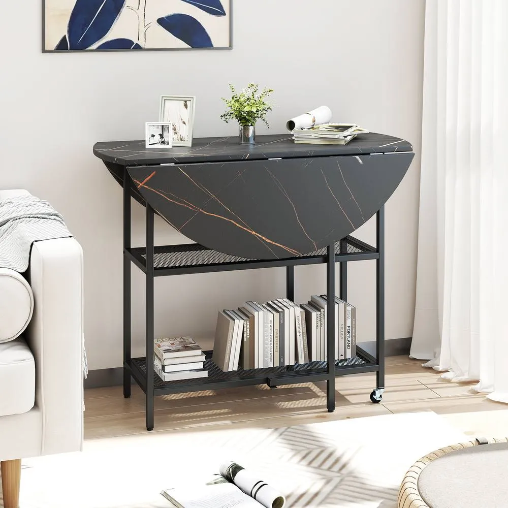 Costway 100cm Round Kitchen Table Dining Table w/Drop Leaf Tabletop-Black in Black 6