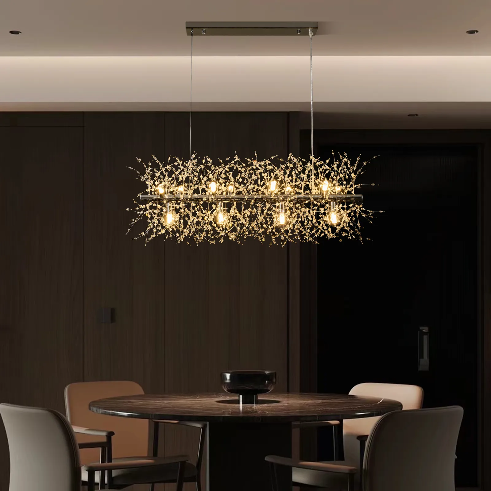 Mid Century Modern 12-Light Crystal Firework Sputnik Kitchen Island Lighting in Chrome