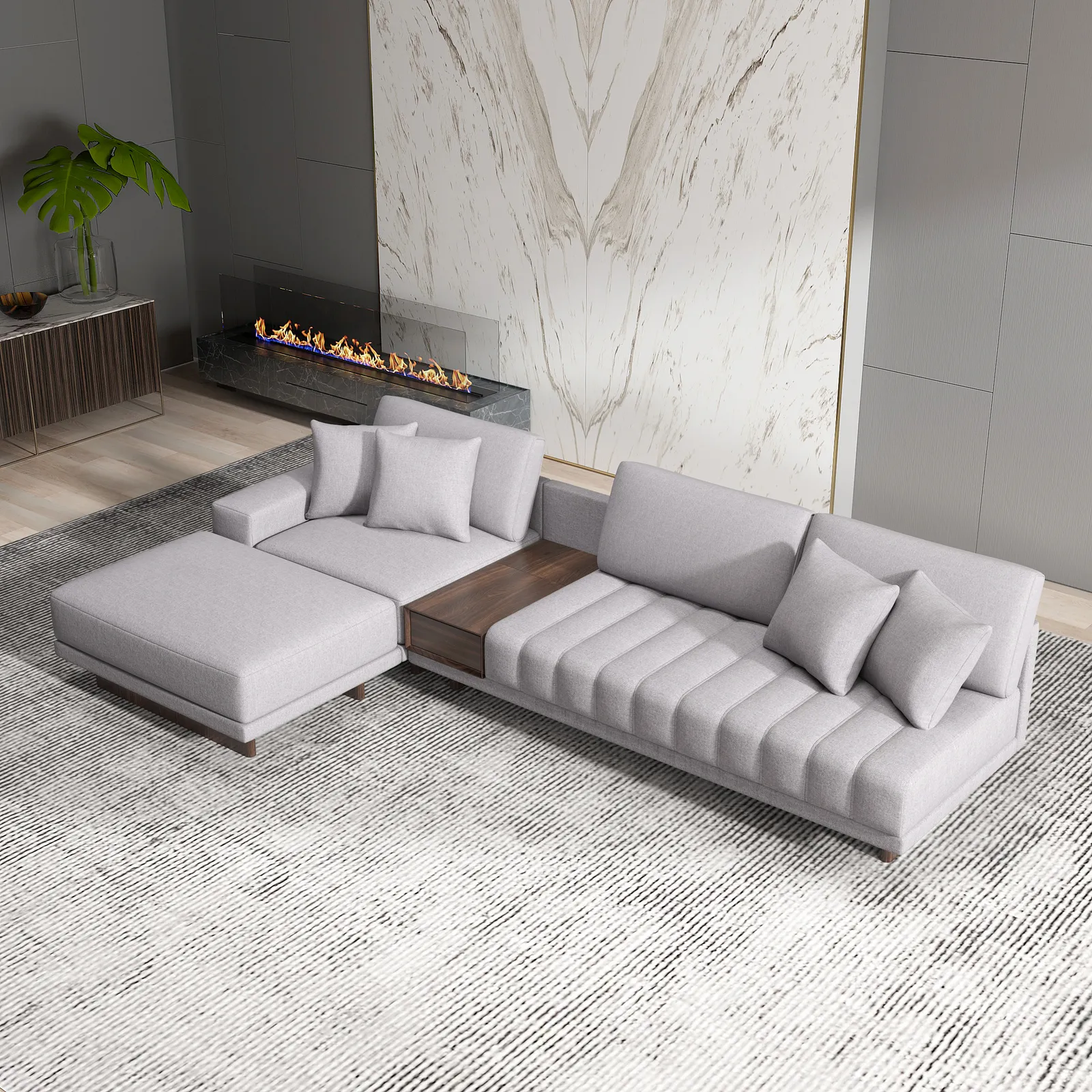 320 cm L-Shaped Grey Cotton Linen Modular Sectional Sofa with Ottoman for Living Room