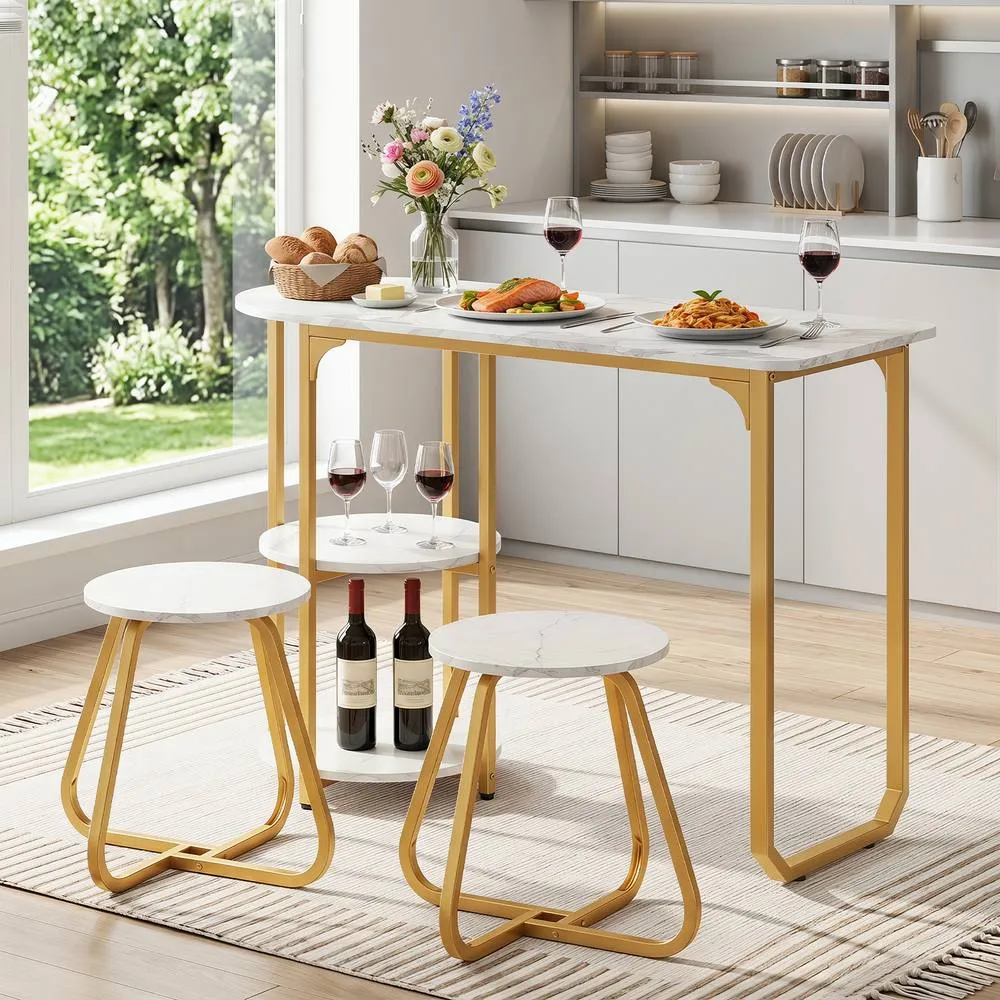 Costway Table & 2 Bar Stools Set Table with 2 Shelves Stools in White 3