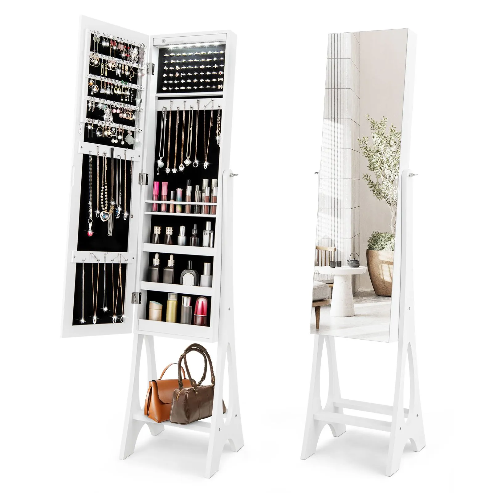 Costway Freestanding Full Length Mirror Jewelry Cabinet w/ Built-in LED in White