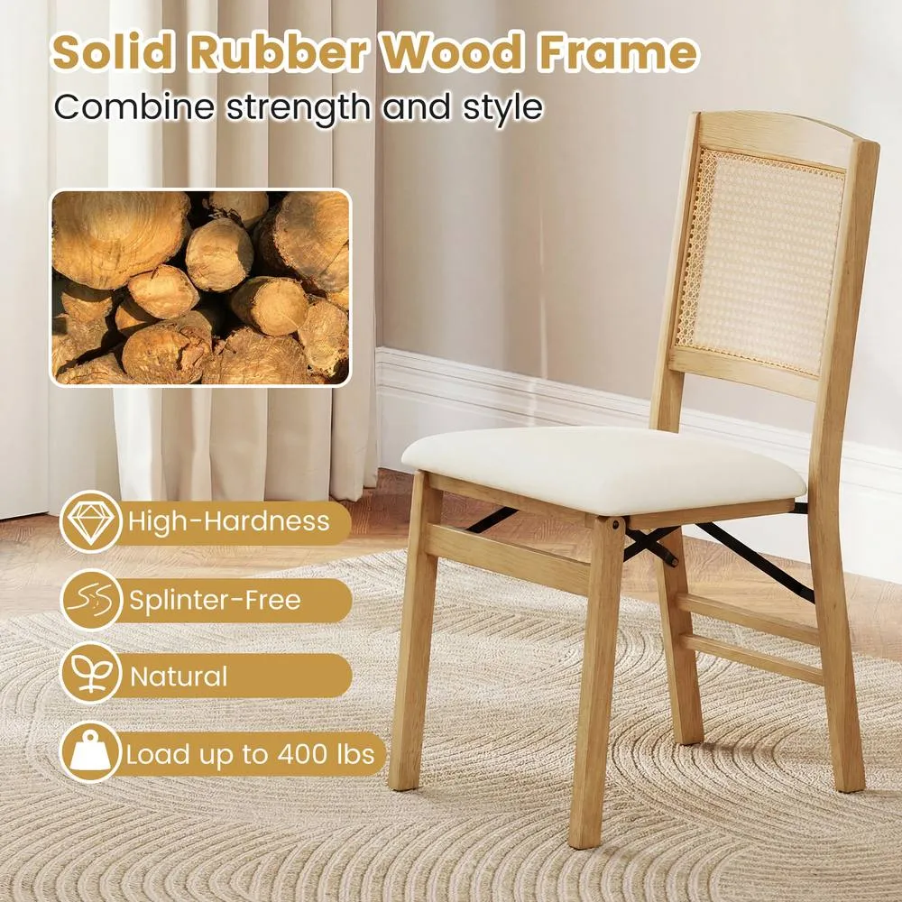 Costway Folding Chairs Set of 2 Rubber Wood Dining Chairs w/Linen Padded Seat in Natural 4