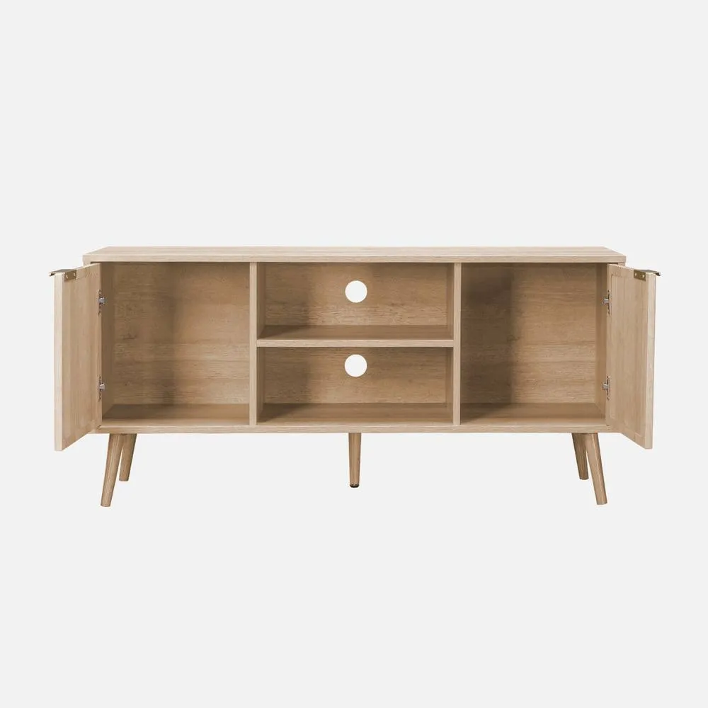 sweeek 120cm Tv Unit Woodenn Effect Rounded Cane Rattan 2 Doors in Light Brown 3