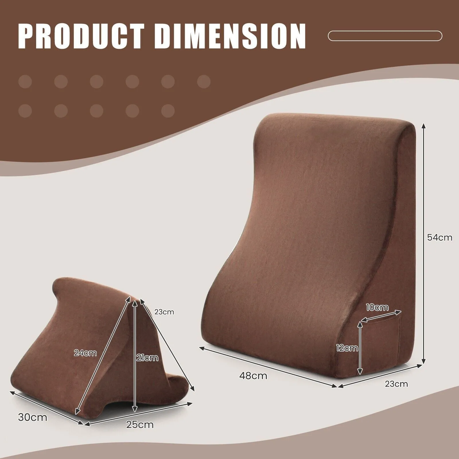 Costway 4 in 1 Bed Wedge Pillow Tablet Pillow Stand Side Pockets High Resilience Foam in Brown 2