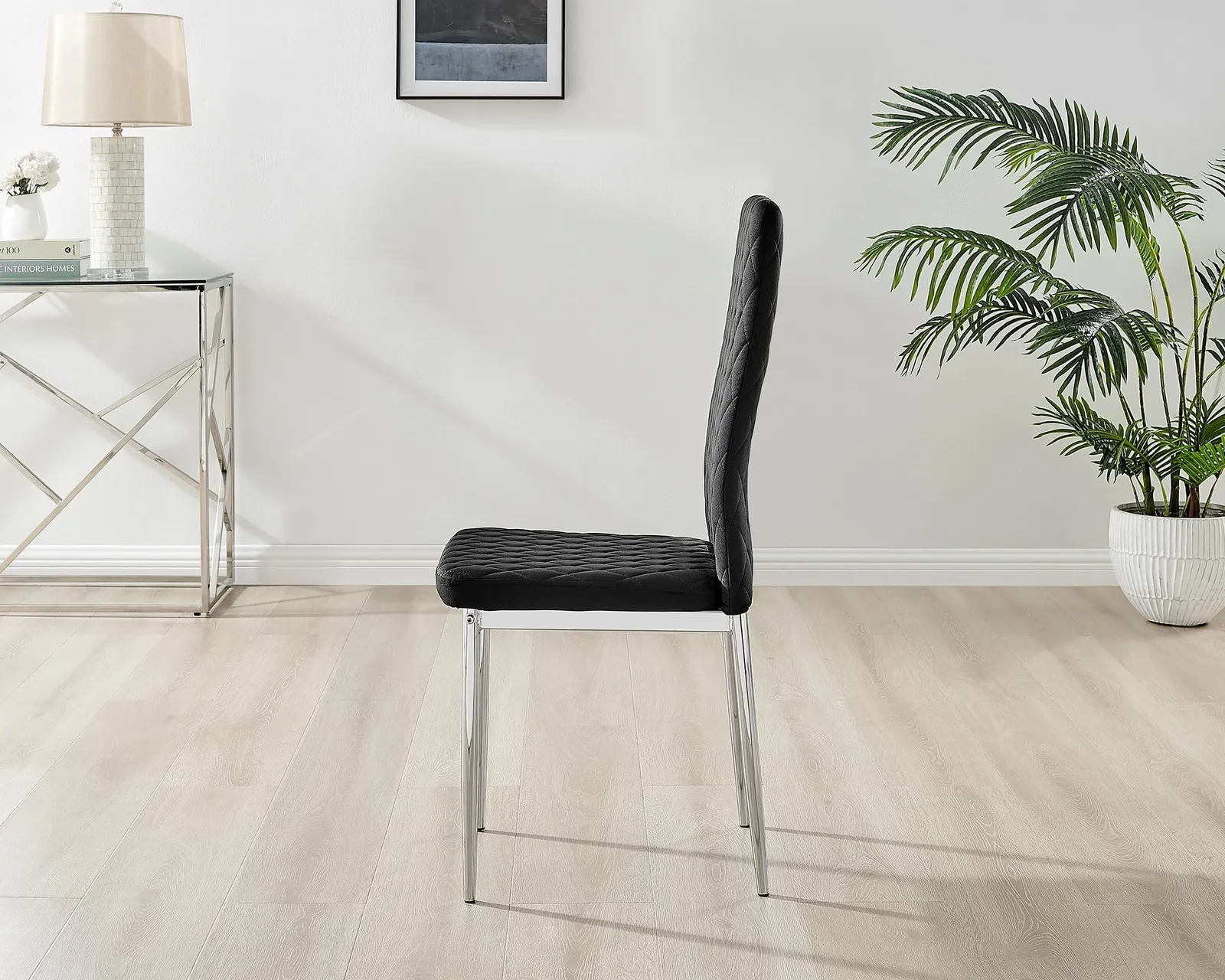FurnitureboxUK Set of 4 Milan High Back Soft Touch Diamond Pattern Velvet Dining Chairs With Silver Chrome Metal Legs in Black 5