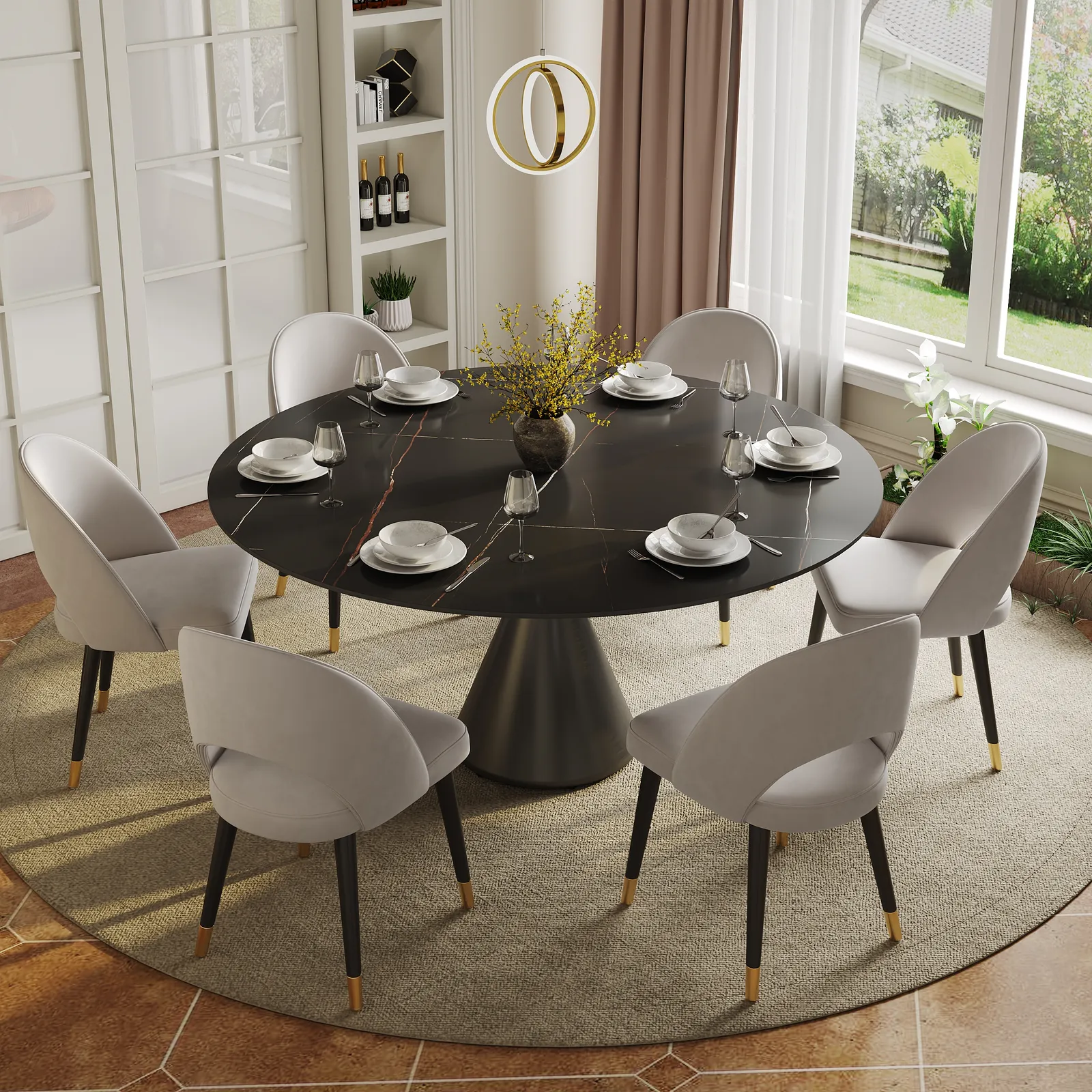 Modern 152 cm Round Matte Sintered Stone Dining Table with Black Pedestal Base, Seats 6