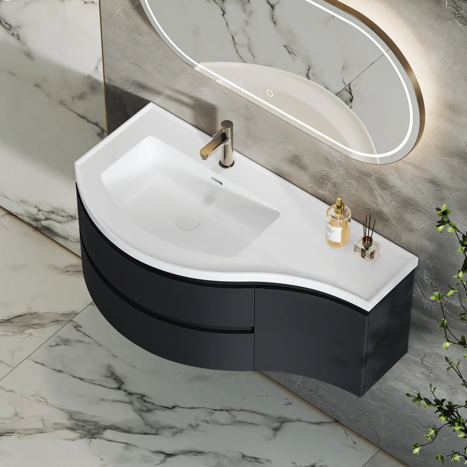 90 cm Floating Curved Bathroom Vanity Half-Circle Bathroom Cabinet Black