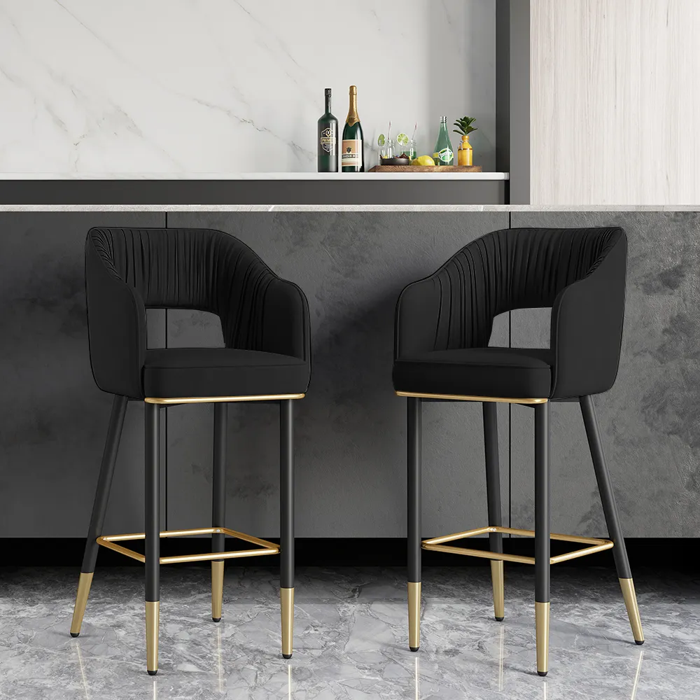 Modern Black Velvet Upholstered Bar Stool with Low Back & Footrest