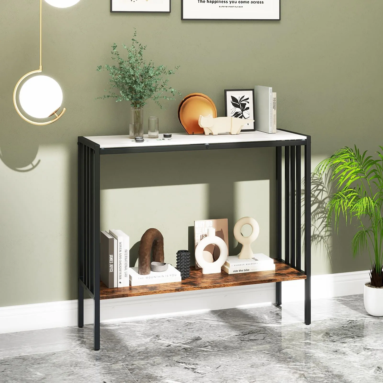 Costway 90 CM Console Table 2-Tier Industrial Foyer Table with Open Shelf in White 5