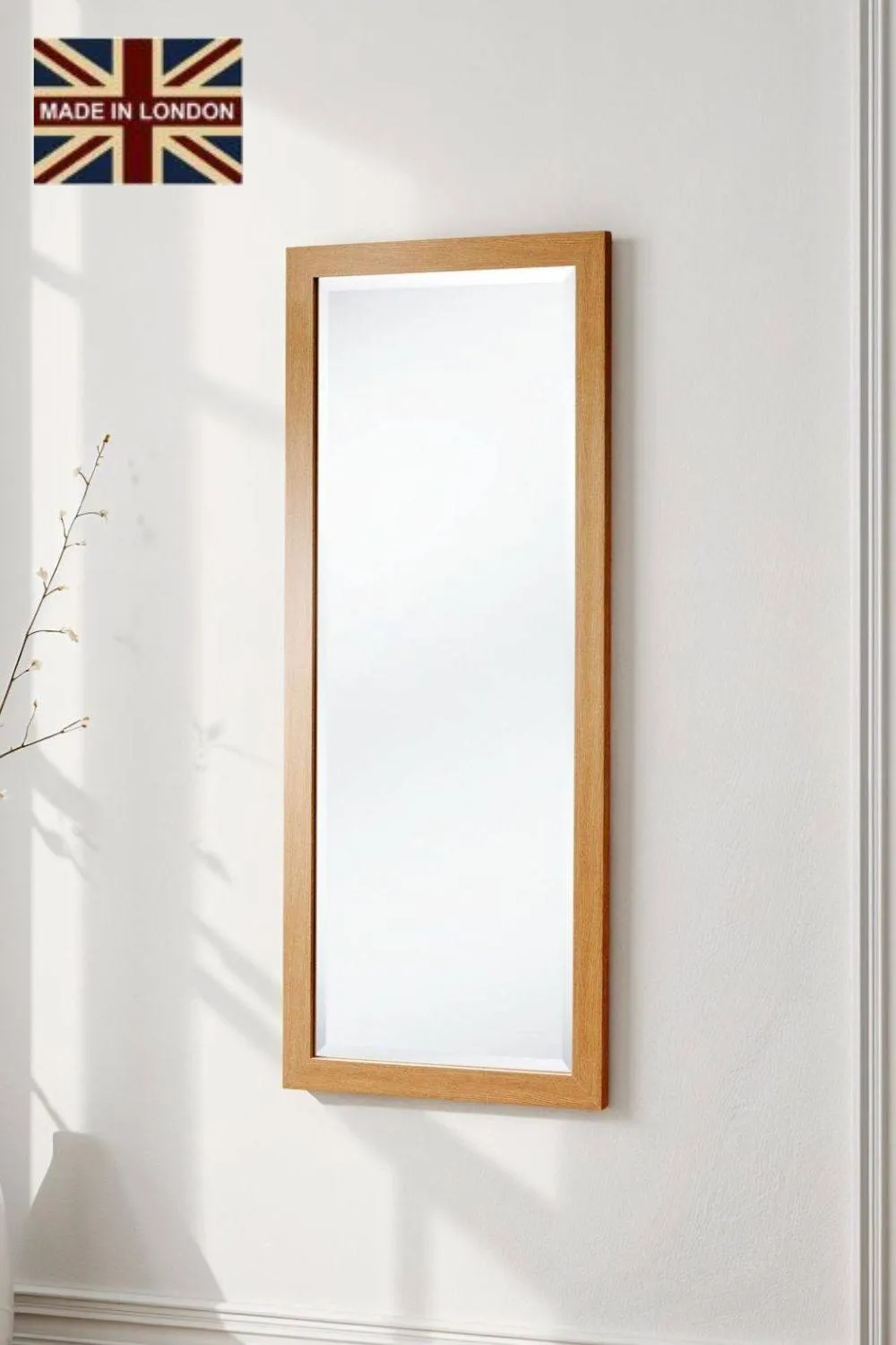 Yearn Mirrors Oak Effect Tall Slim Framed Bevelled Mirror in Light Oak