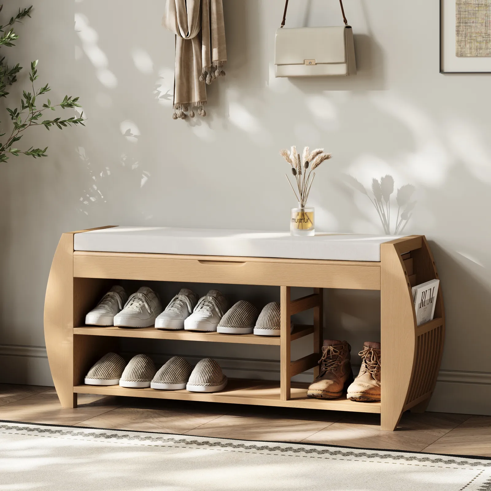 100 cm Solid Wood Natural Shoe Storage Entryway Bench with Shoe Rack