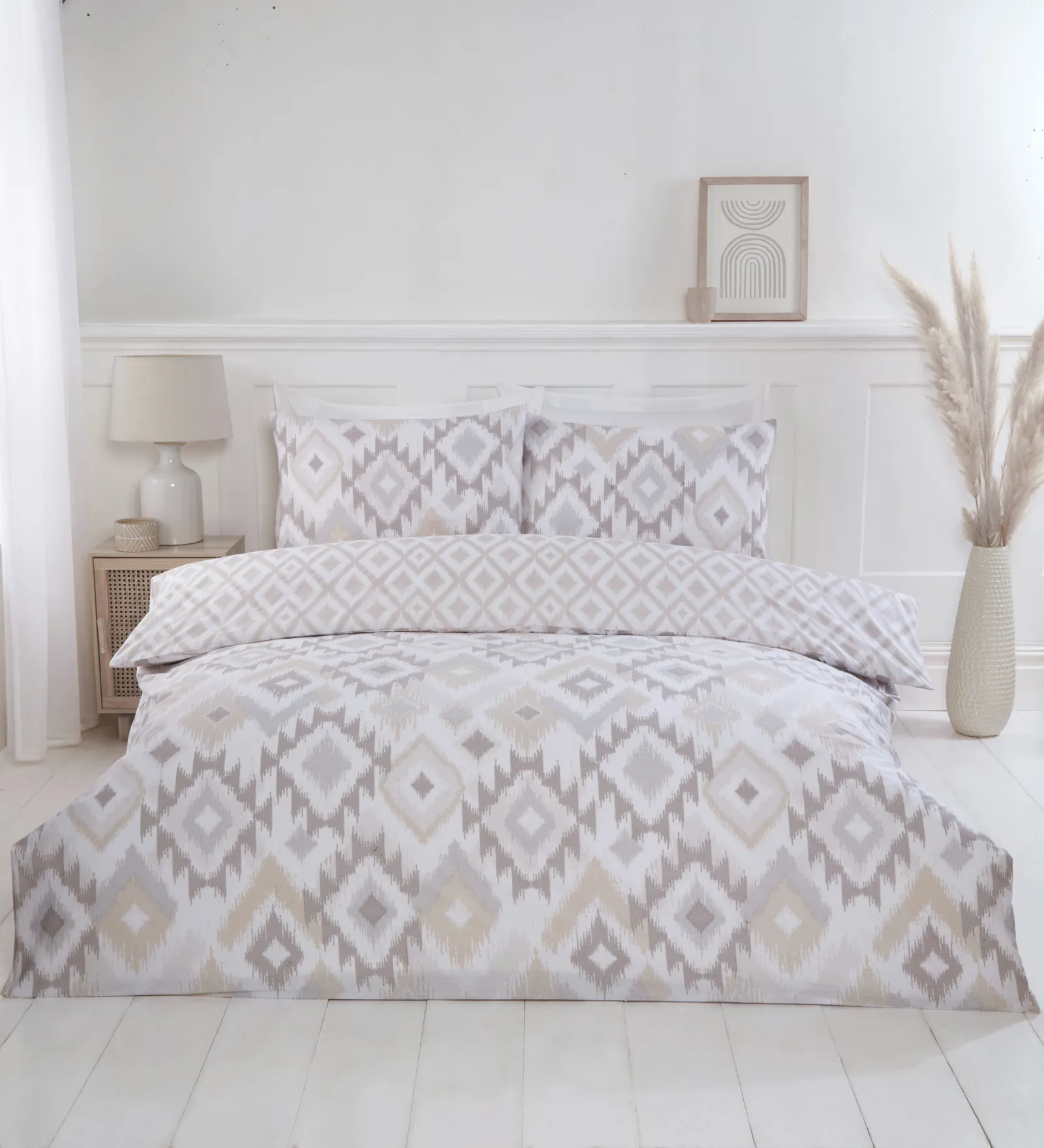 Rapport Home Ikat Bohemian Reversible Polycotton Duvet Cover Set With Pillowcase in Natural