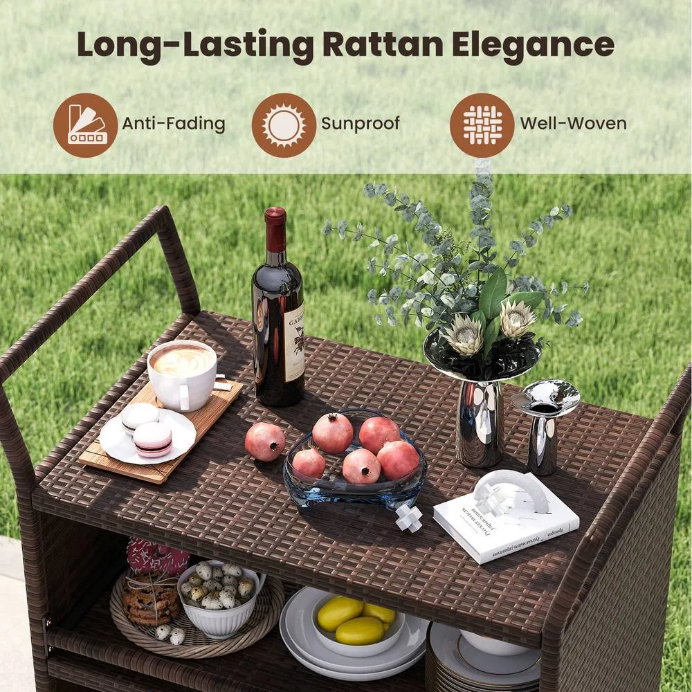 Costway Outdoor Bar Cart 3-Tier Patio Rattan Storage Shelf-Brown in Brown 6