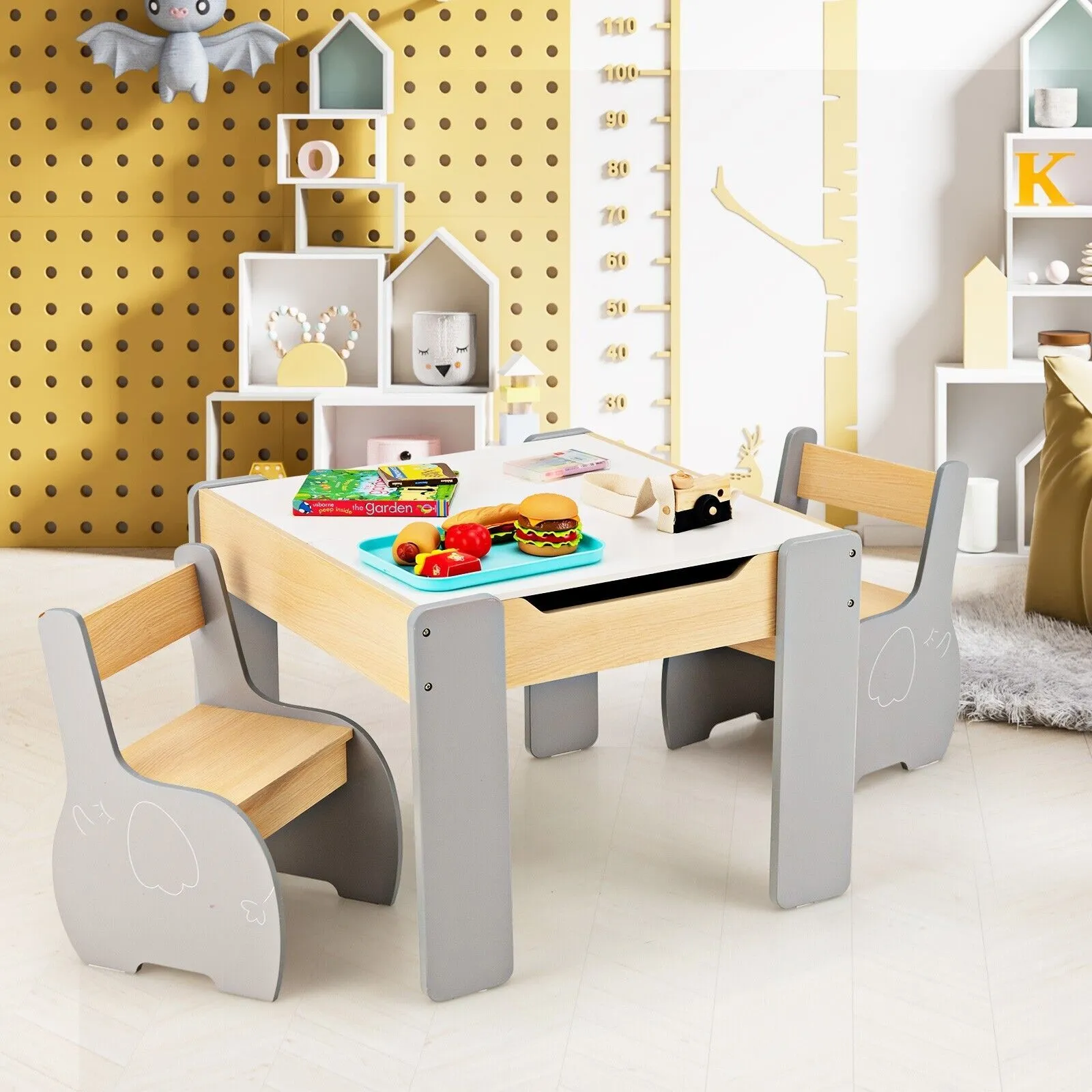 Costway 4 in 1 Activity Table & Chairs Wooden Furniture Set w/ Storage in Grey 3