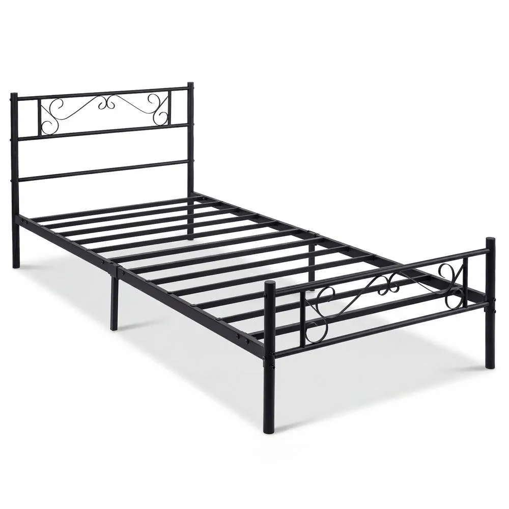 Costway Single Size Metal Bed Frame with Floral Headboard & Footboard in Black