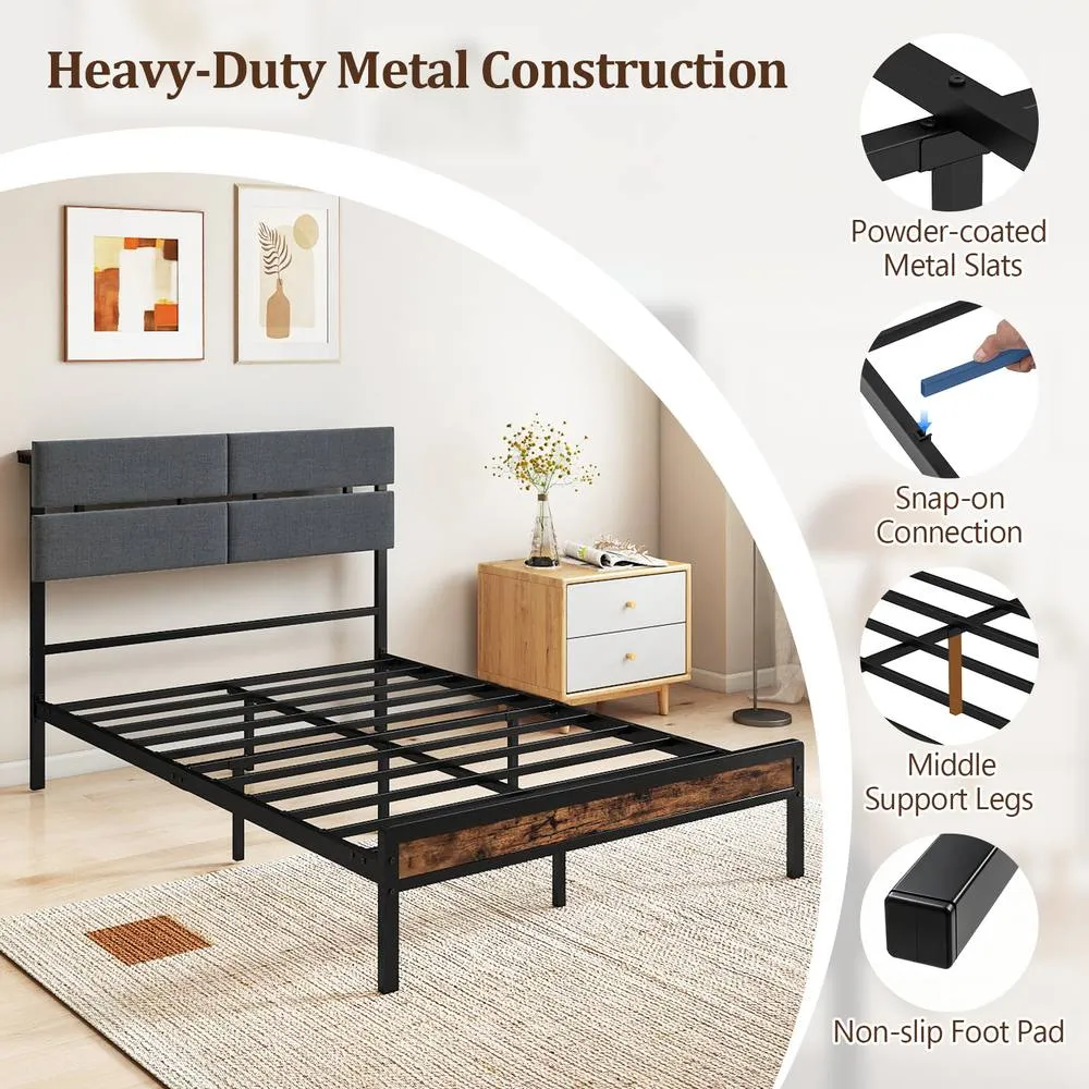 Costway Upholstered Metal Platform Bed Heavy-Duty Slats Support Shelf in Black 6