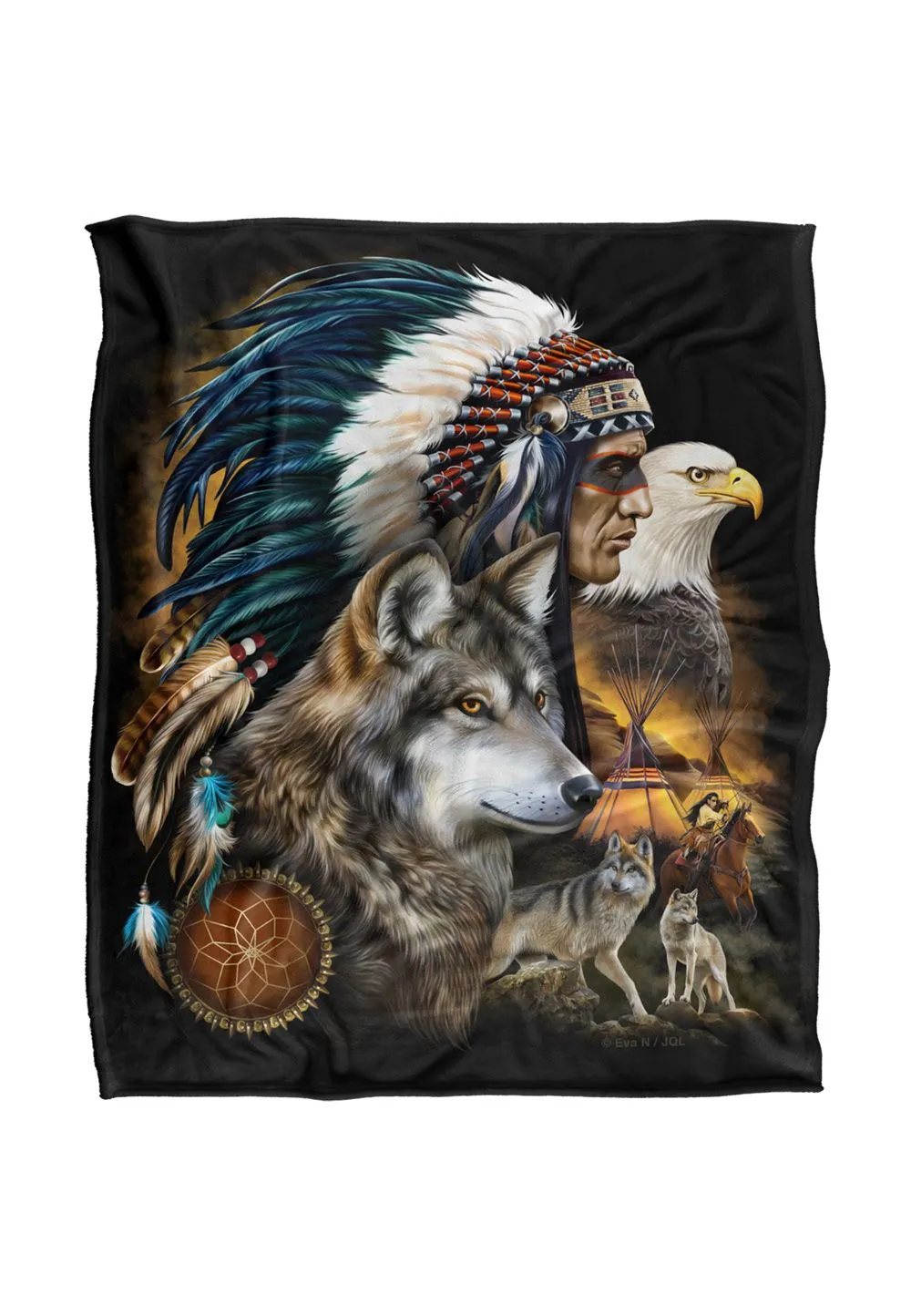 JQ Licensing En Native American Wolf & Eagle Silky Touch Super Soft Throw Blanket 152 X 127 cm in White