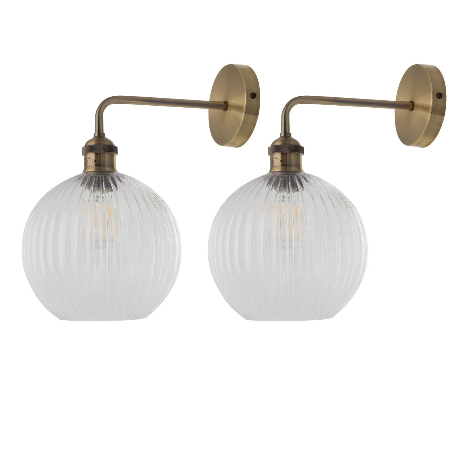 First Choice Lighting Set of 2 Isaac - Antique Brass Wall Lights with Clear Ribbed Shades in Gold