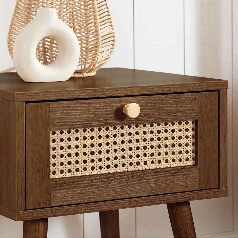 Birlea Pair of Bedside 1 Drawer Cabinet Rattan Croxley Side Table Walnut in Brown 2