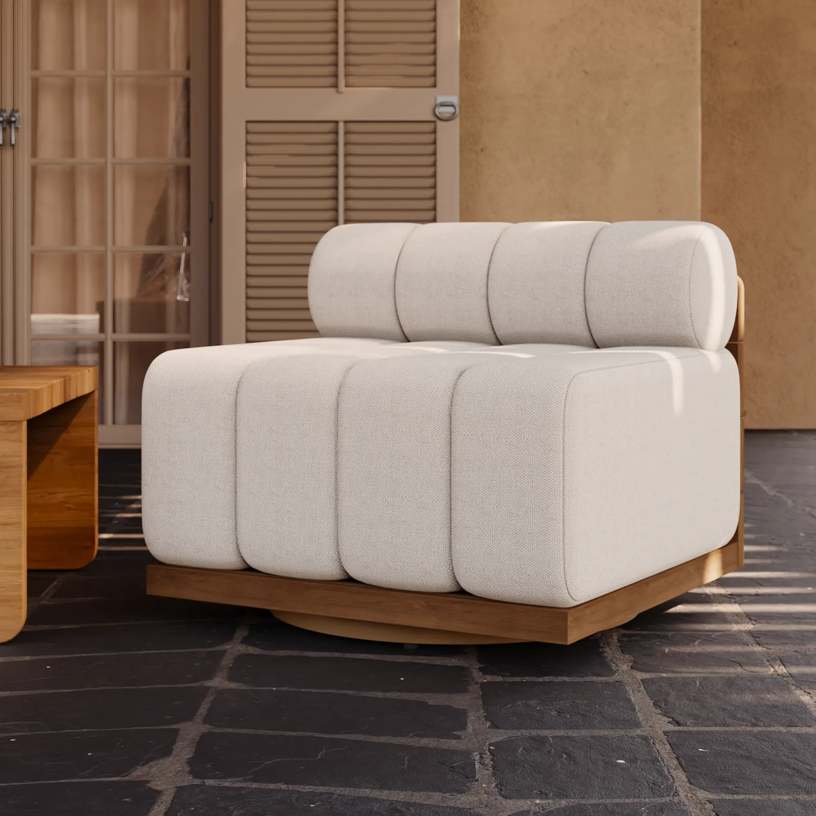 Outdoor Warm White Teak & Aluminium Swivel Lounge Chair Modern Patio Deep Seat Chair