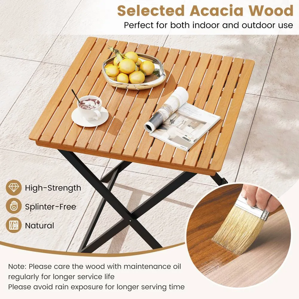 Costway 70CM Patio Folding Table Acacia Wood Square Table in Khaki 4