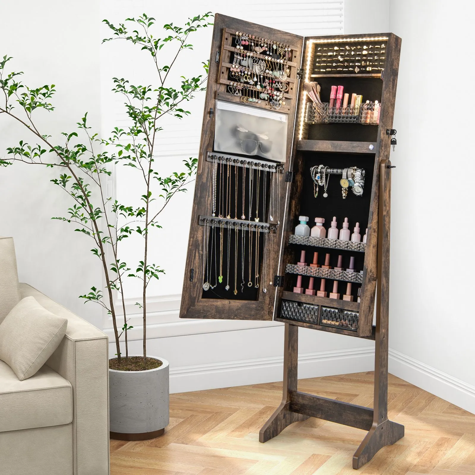 Costway Standing Jewelry Cabinet Lockable Jewelry Armoire w/ LED Lights in Brown 4