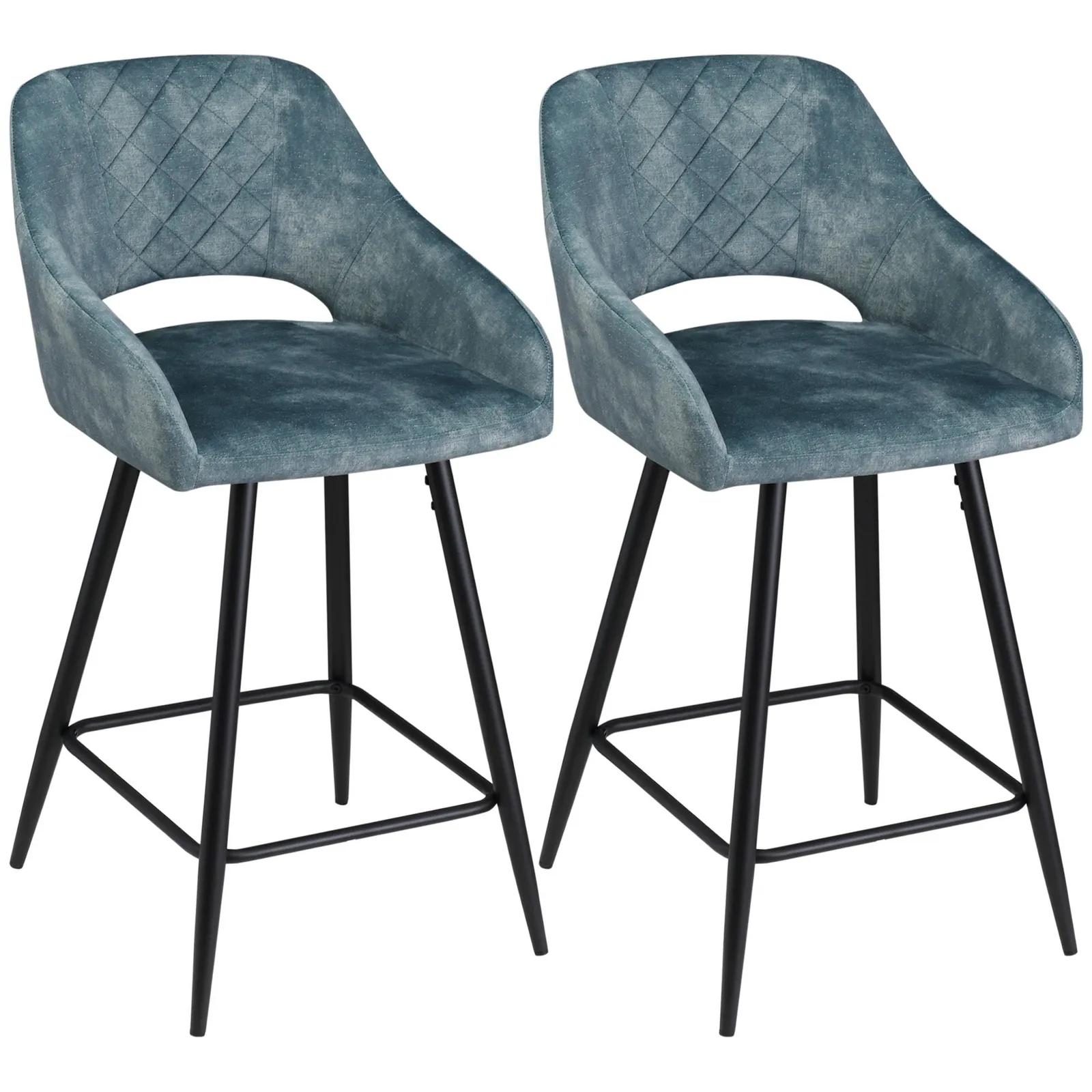 HOMCOM Stools Set of 2, Velvet-Touch Fabric Counter Height Bar Chairs in Blue 2