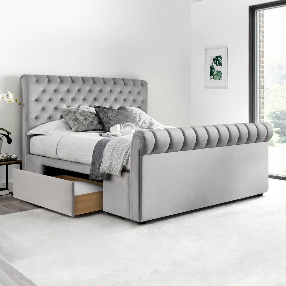 Deacon Grey Velvet Fabric 2 Drawer Sleigh Bed - 4ft6 Double
