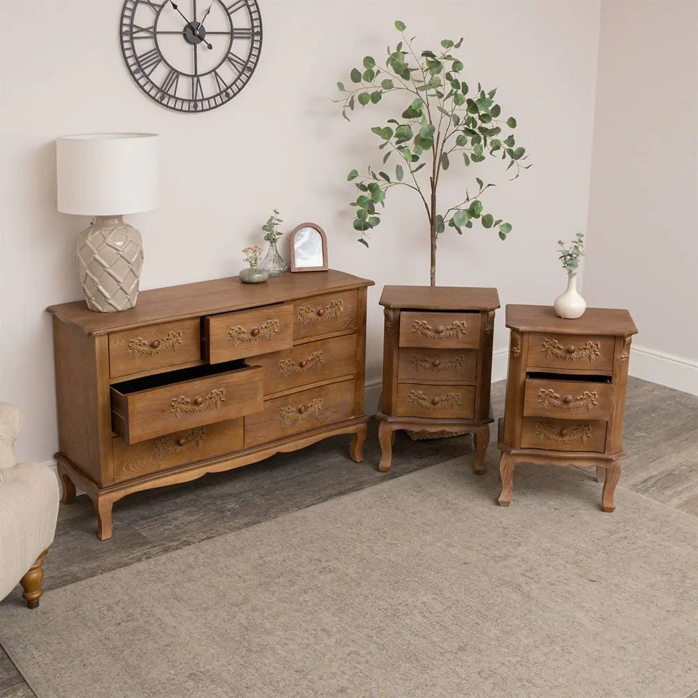 Melody Maison Chest of 7 Drawers & Pair of Bedside Tables - Pays Du Bois Range in Brown 2