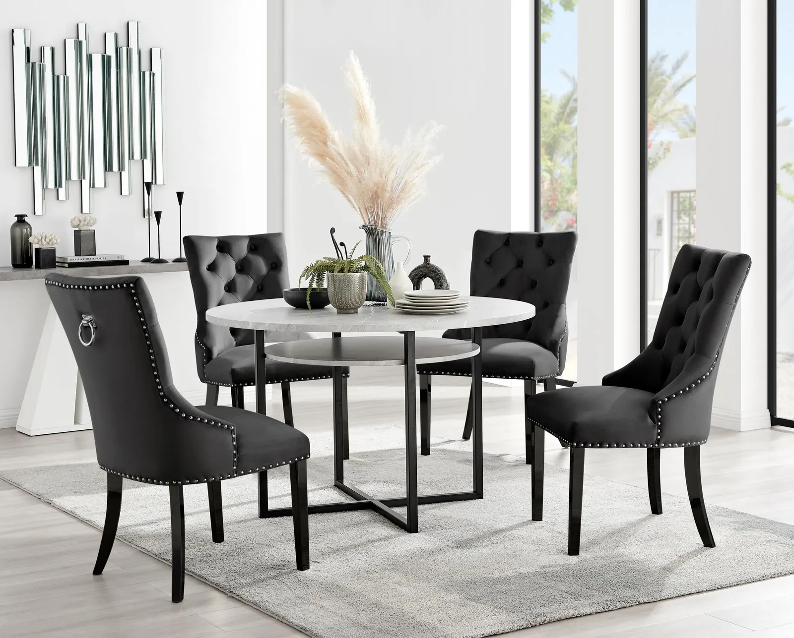 FurnitureboxUK Adley Grey Concrete Effect Round Dining Table & 4 Belgravia Velvet Black Leg Chairs 1