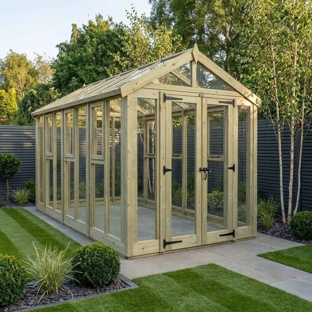 Buttercup Farm 6ft x 14ft Apex Toughened Glass Greenhouse - Pressure Treated Timber in Natural 2