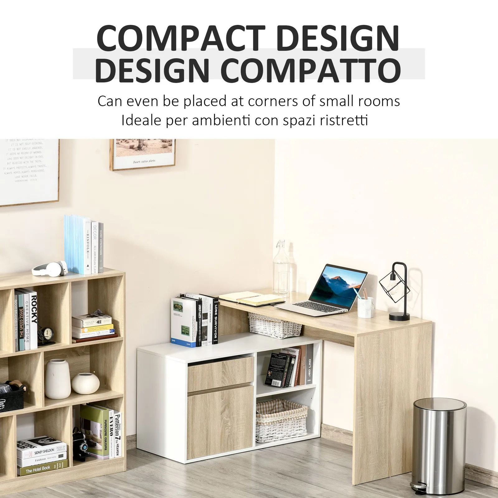 HOMCOM L-Shaped Corner Computer Desk Study Table PC Work with Storage Shelf in White 5