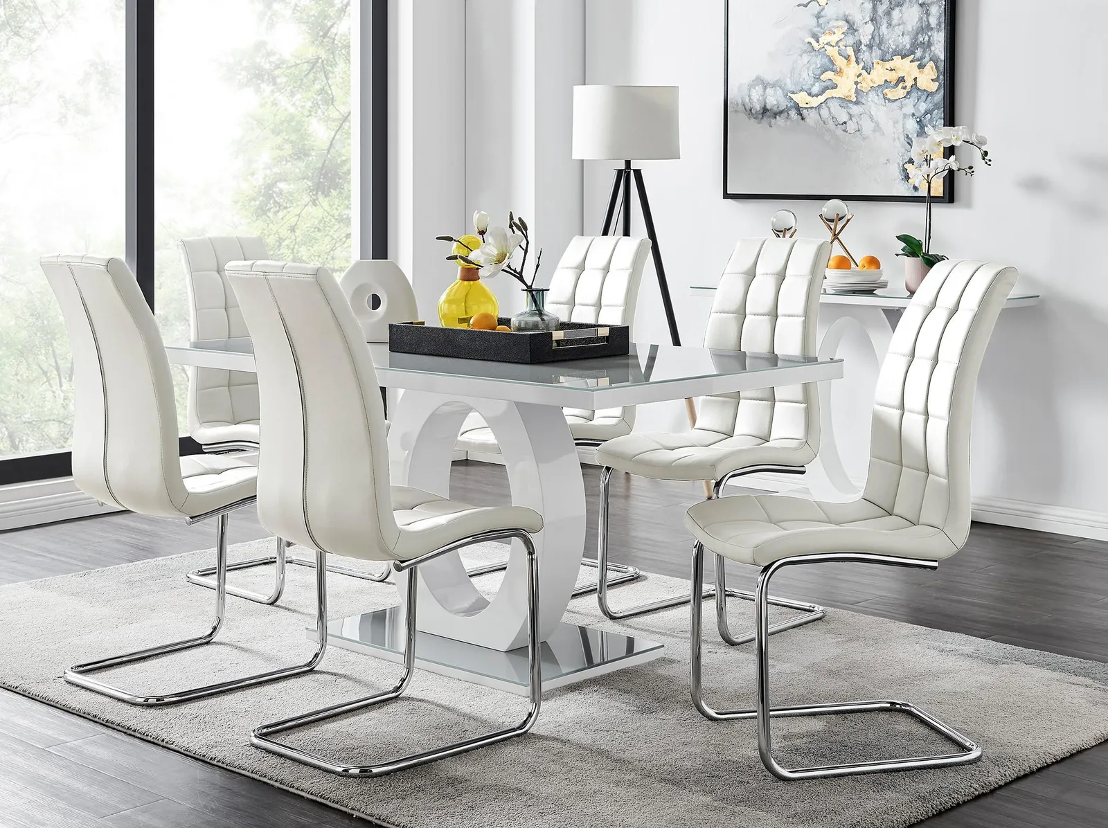 FurnitureboxUK Giovani 6-Seater Grey Glass Dining Table & 6 Murano Faux Leather Dining Chairs in White 1