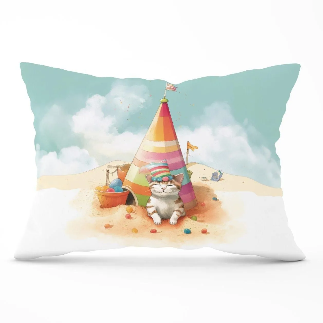 Warren Reed - Designer Cat On A Beach Holiday Cushions in Yellow