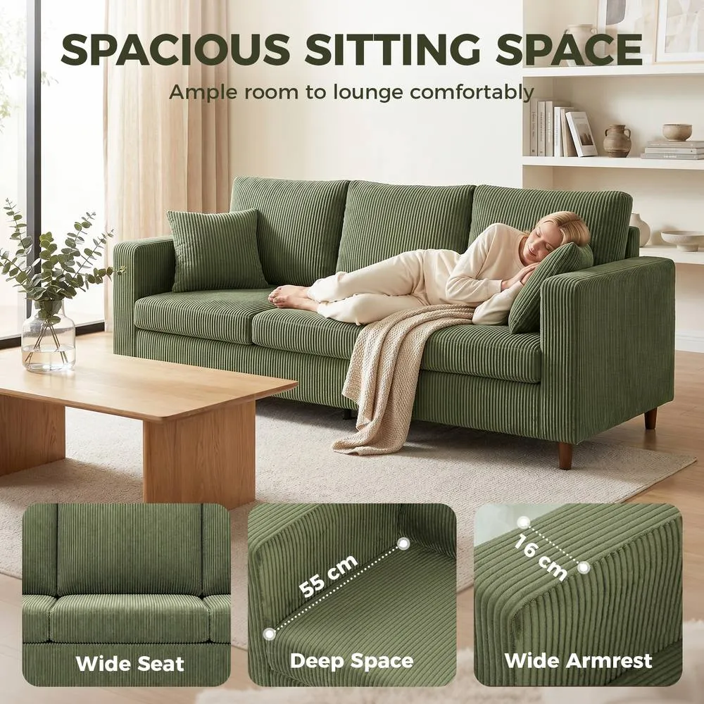 HOMCOM 3 Seater Sofa with Wide Seat, Corduroy Upholstered, Green 4