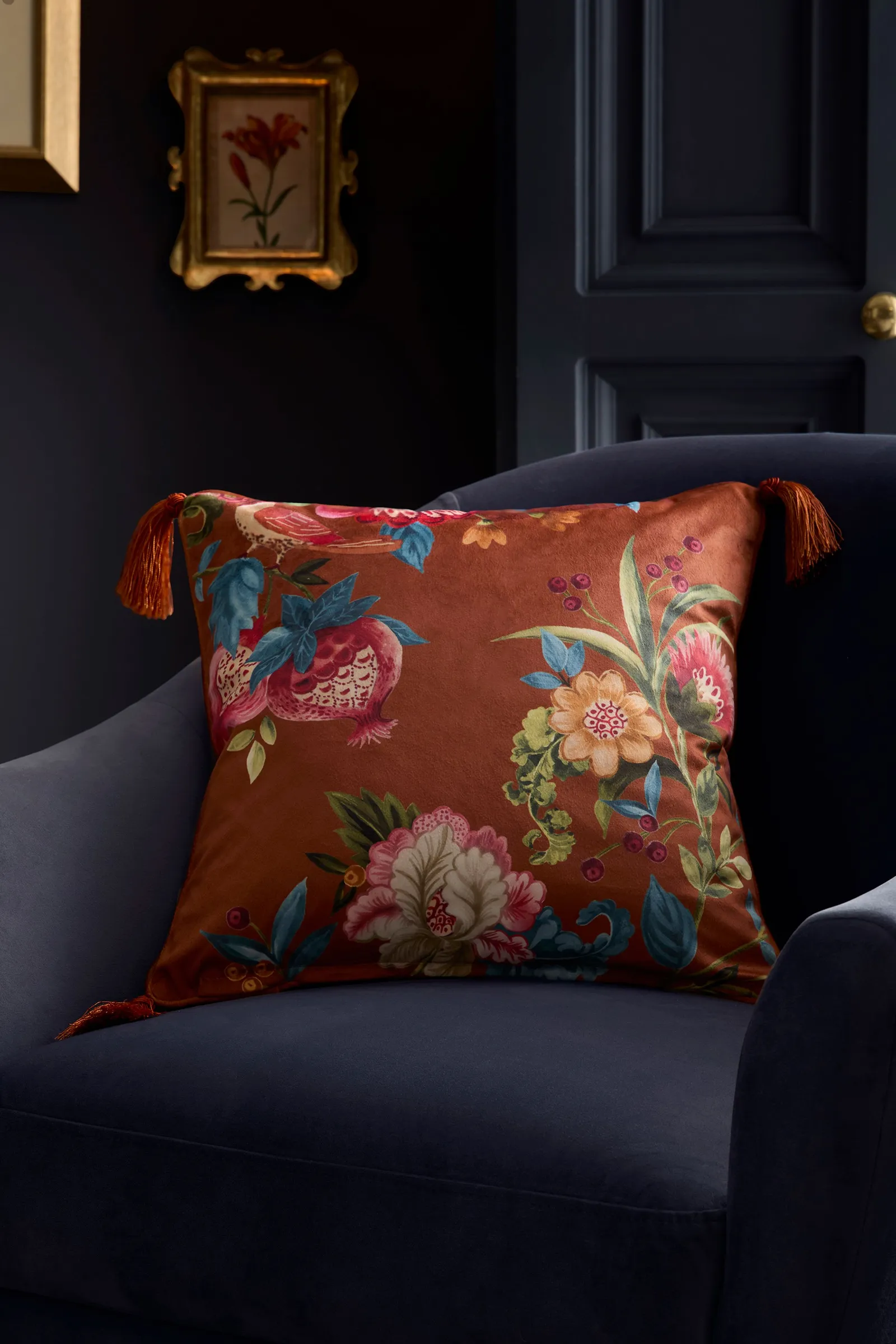 Dreams & Drapes 'Bejewelled' Hand Painted Floral Print Velvet Filled Cushion in Red 2