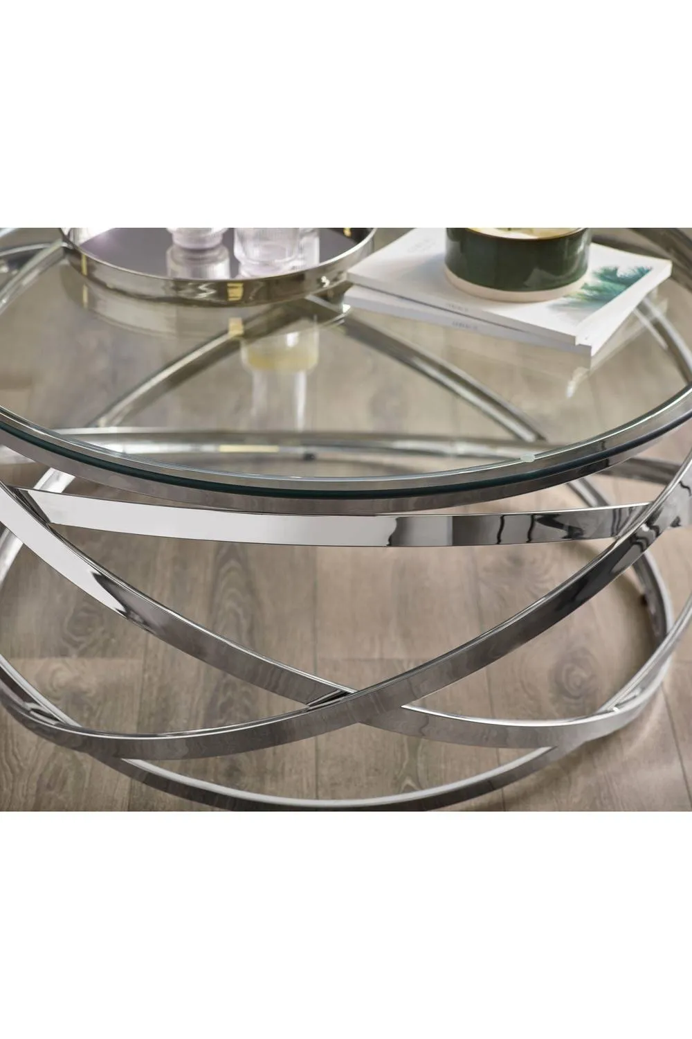 Julian Bowen Vienna Round Glass Top Spiral Frame Coffee Table in Silver 6