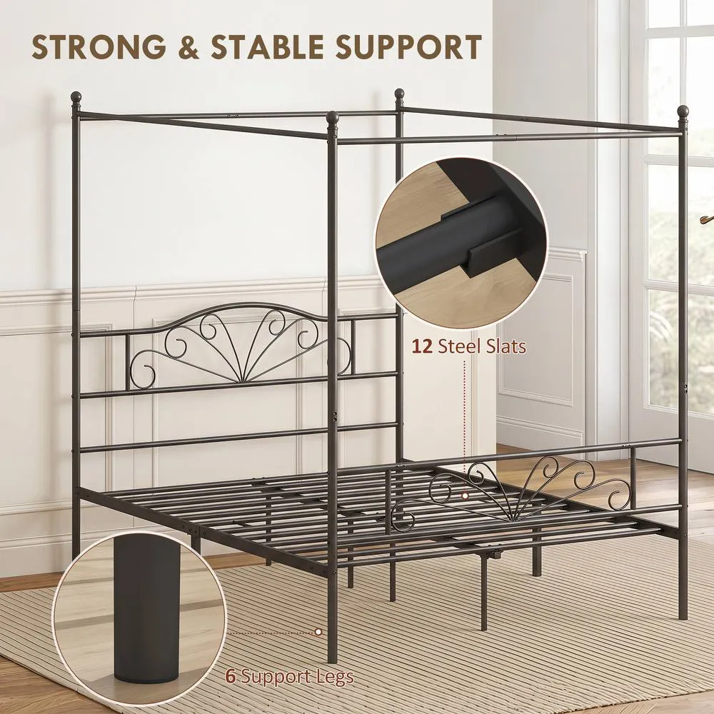 HOMCOM Canopy Bed Frame King Size, Metal Platform Bed Frame, Black 6