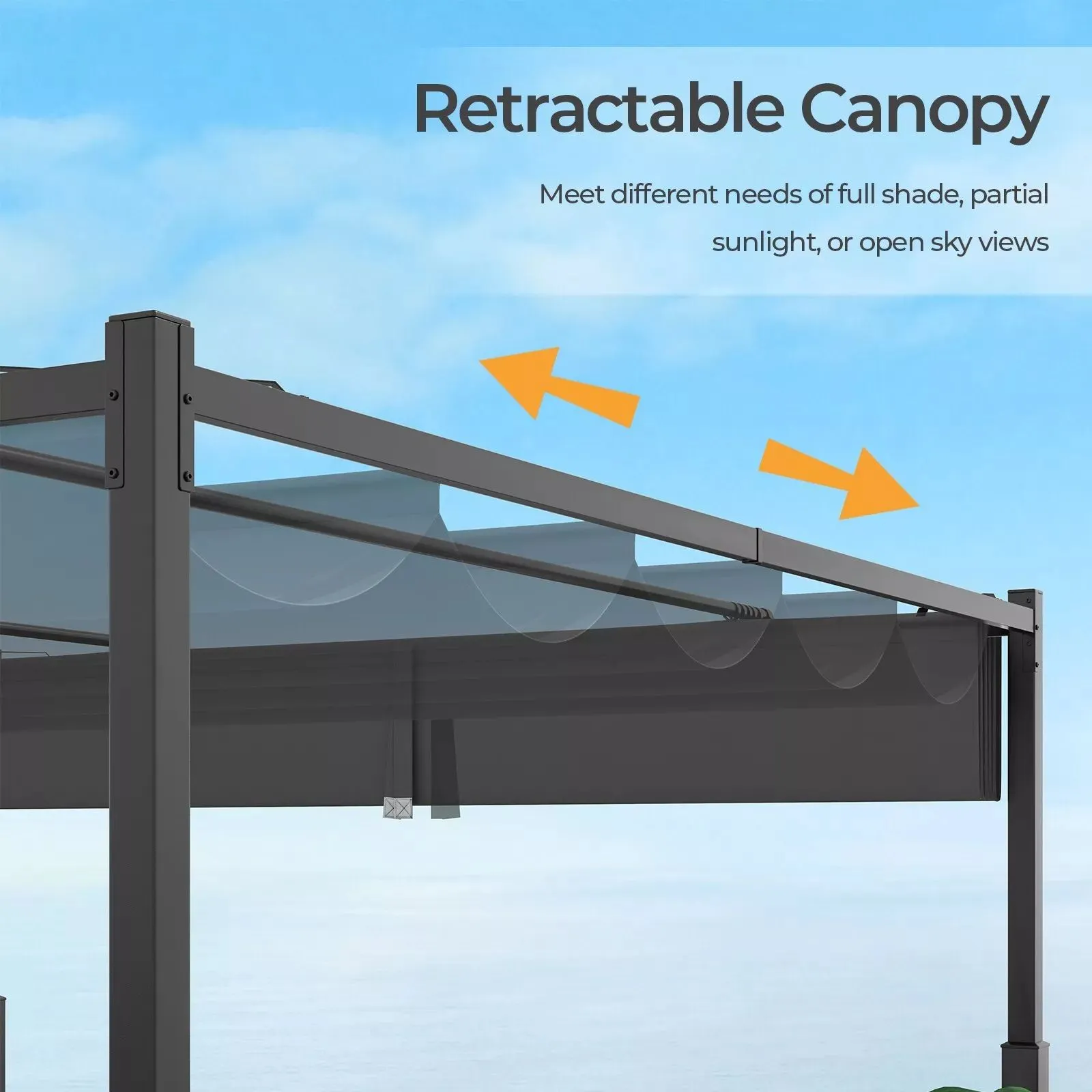 Costway 310x310cm Outdoor Pergola Heavy-Duty Metal Columns w/ Retractable Canopy in Grey 5