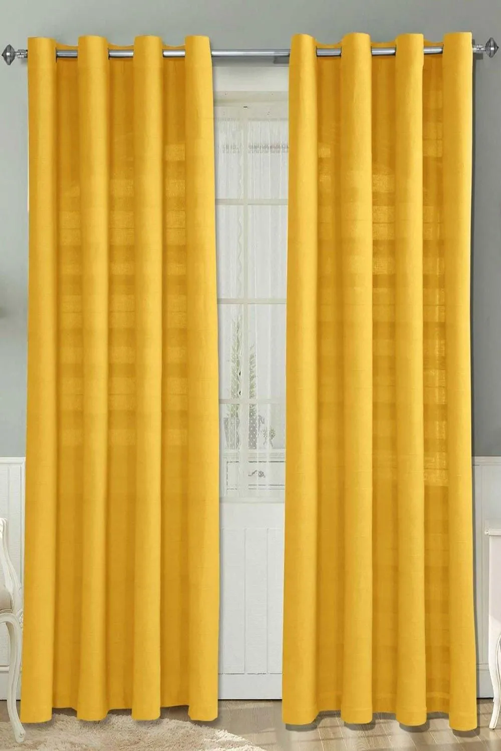 Homescapes Cotton Rajput Ribbed Curtain Pair in Yellow 1