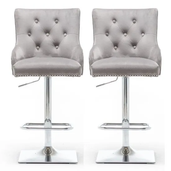 Chelsi Light Grey Velvet Upholstered Gas-Lift Bar Chairs In Pair