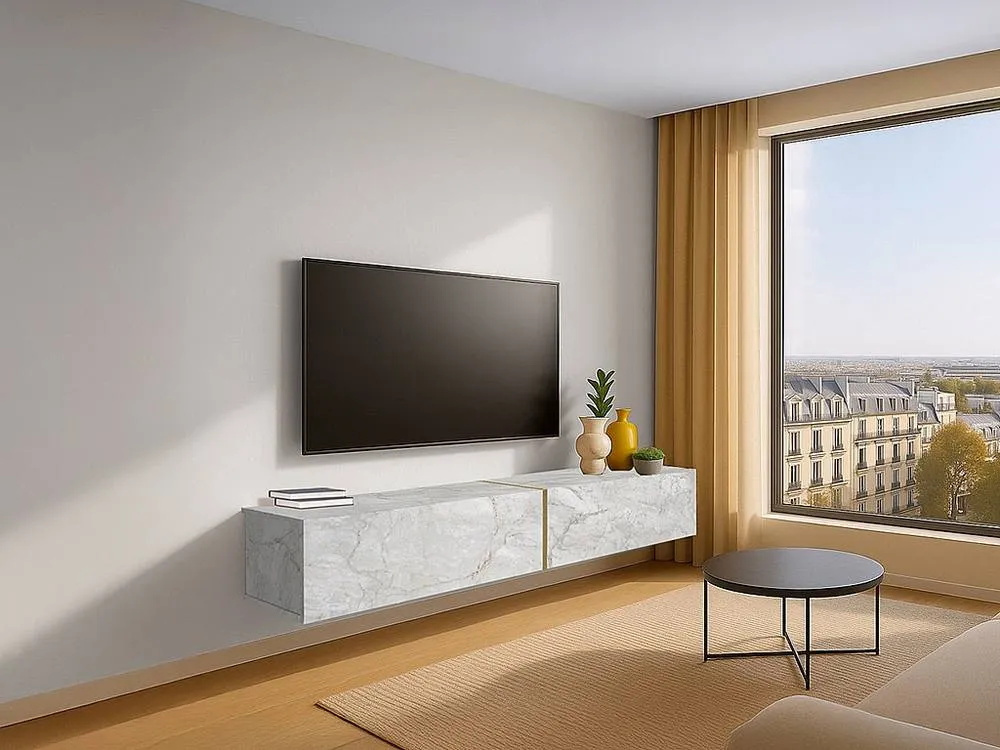 Vente-unique Wall-Mounted TV Unit With 2 Doors - White Marble Effect - DINOMA