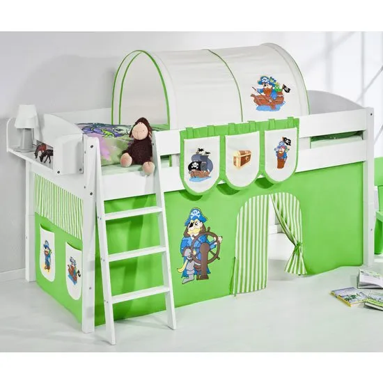 Lilla Children Bed In White With Pirate Green Curtains